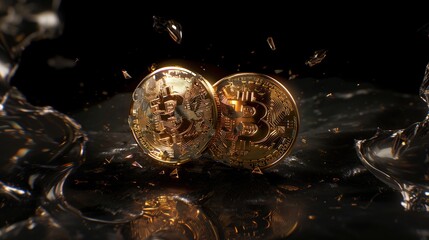 Two broken Bitcoin coins symbolizing a cryptocurrency crash and loss of value. Ideal for illustrating the risks of digital finance, investment volatility, and the economic impact of crypto trading.