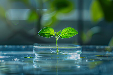 Wall Mural - small plant seedling in liquid in petri dish in research lab. concept for biotechnology and genetic 