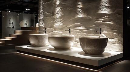 Three modern stone sinks are illuminated on a white countertop in front of a white stone wall