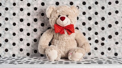 Wall Mural - An adorable hand-crafted stuffed bear with a bright red bow tie, isolated on a polka dot background, highlighting its friendly and loving expression.