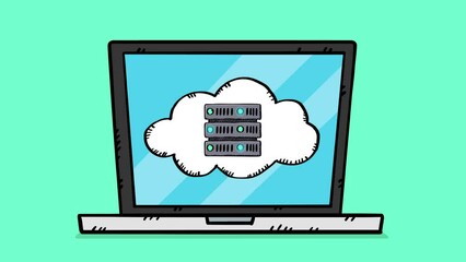 Poster - A cloud with a running server appears on the laptop screen. The connection lights on the server are on. Hand drawn animation in doodle style.