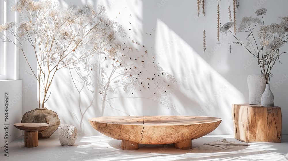 minimalist botanical podium with white walls, concrete floor, round ...