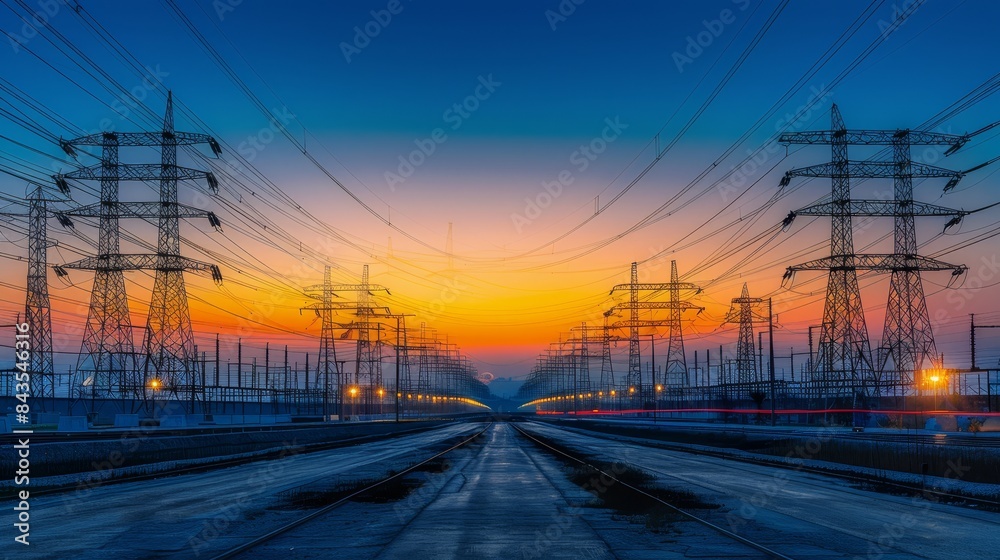 High-voltage power lines and towers silhouetted against a vibrant ...