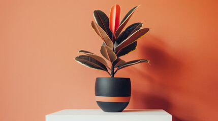 Ficus in a pot on a background of orange wall. Minimal style.