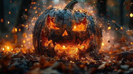 A close-up of a jack-o'-lantern with a menacing face, surrounded by autumn leaves and flickering candles, capturing the spirit of Halloween.