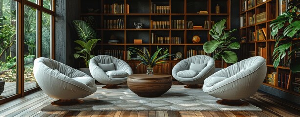 Wall Mural - A number of white modern chairs are placed in the center of a comfortable room that is decorated with several natural designed pieces of furniture.