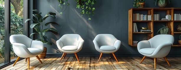 Wall Mural - A number of white modern chairs are placed in the center of a comfortable room that is decorated with several natural designed pieces of furniture.