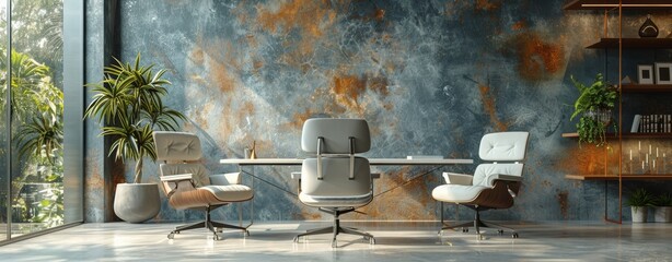 Wall Mural - A number of white modern chairs are placed in the center of a comfortable room that is decorated with several natural designed pieces of furniture.