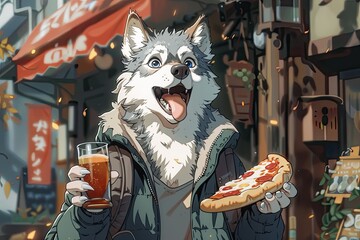 Wall Mural - wolf walking the street holding a beer and a slice of pizza, his tongue is out and his eyes are blue, anime manga illustration