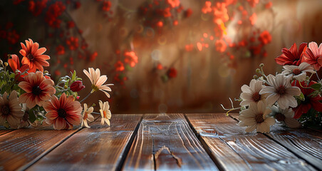 Poster - Brown wooden table on the white and red flowers, copy space. Generative AI.