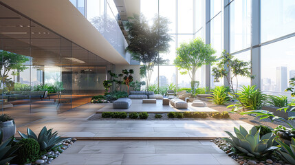 Poster - 3d render of modern office interior with large windows and plants.