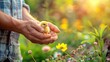 © Anna - the farmer holds a small chicken in his hands. Selective focus