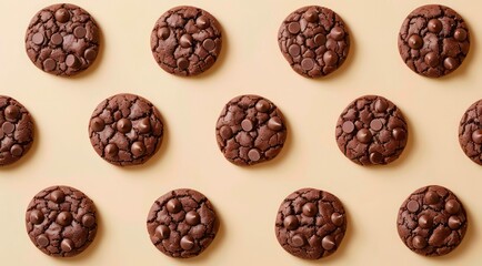 Canvas Print - Pattern with chocolate cookies on pastel cream background, top view, minimal flat lay style.