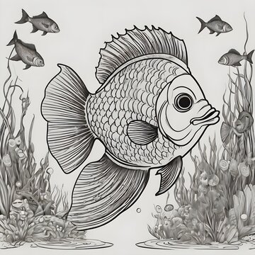 black and white, perfect for colouring book for baby, cartoon style, less elements, vector illustration, clean line, thin lines, fish