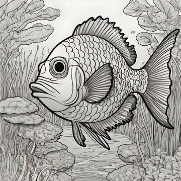 black and white, perfect for colouring book for baby, cartoon style, less elements, vector illustration, clean line, thin lines, fish
