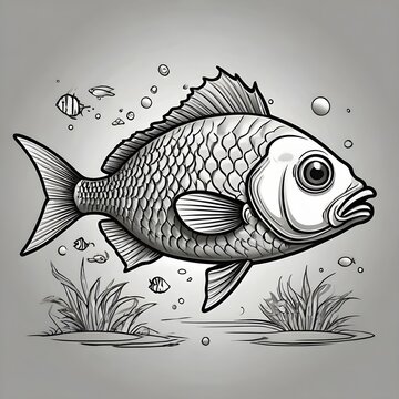 black and white, perfect for colouring book for baby, cartoon style, less elements, vector illustration, clean line, thin lines, fish