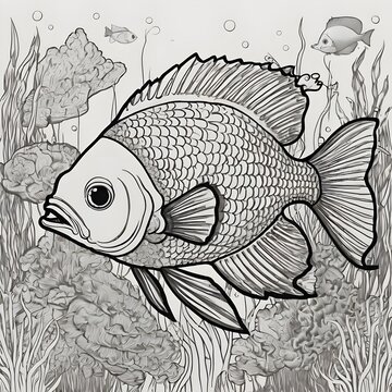 black and white, perfect for colouring book for baby, cartoon style, less elements, vector illustration, clean line, thin lines, fish