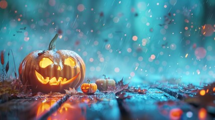 Wall Mural - Halloween Jack-o'-Lanterns on Blue Background with Bokeh Lights