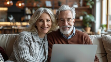 Wall Mural - Senior couple smiling and looking at a laptop while sitting on a couch