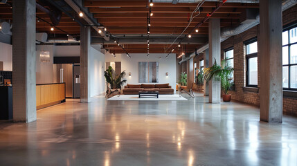 Wall Mural - Interior of a modern office building with wooden walls and floor.