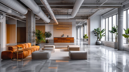 Poster - Interior of modern office with white walls, concrete floor, rows of orange sofas and reception desk. 3d rendering