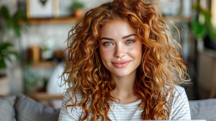 Wall Mural - A woman with long, curly red hair smiles at the camera while sitting indoors