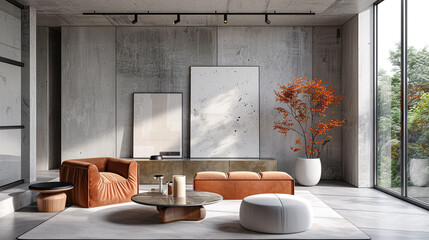 Interior of modern living room with concrete walls, concrete floor, brown sofa standing near coffee table and two vertical posters. 3d rendering