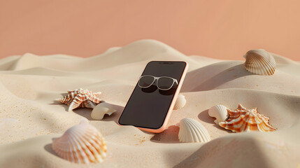 Wall Mural - 3d render of smartphone with sunglasses and seashells on the sand. minimal concept 