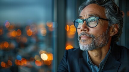 a man in glasses contemplates the city lights at night