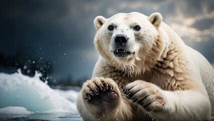 majestic polar bear raising its powerful paw ready to strike captured in a dramatic wildlife photograph