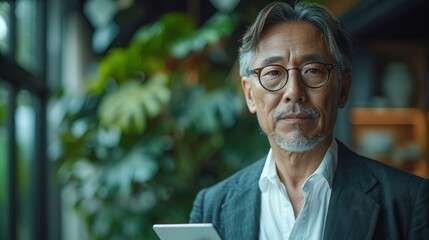 Wall Mural - A man with grey hair and glasses is looking at the camera in an indoor setting