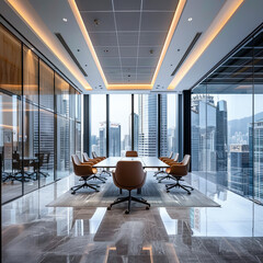 Poster - Luxury meeting room interior with panoramic city view, 3D rendering