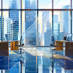 Poster - Office interior with panoramic window and city view. Vector illustration