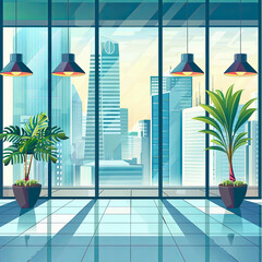 Fototapete - Illustration of modern office interior with city view and skyscrapers