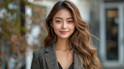 Wall Mural - A woman with long brown hair smiles for the camera in front of a blurry city background