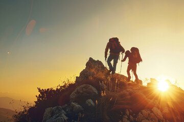 two people with backpacks are hiking up a mountain