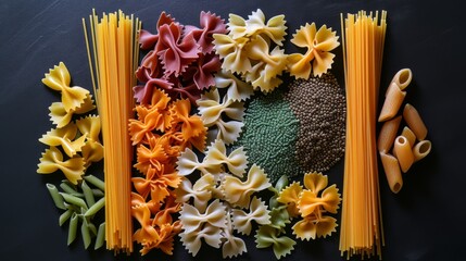 Multi-colored pasta (eg spaghetti, farfalle, penne) on a black background. --no text --ar 16:9 --quality 0.5 Job ID: a5b67234-6ab4-4428-8cb3-985200909fa5