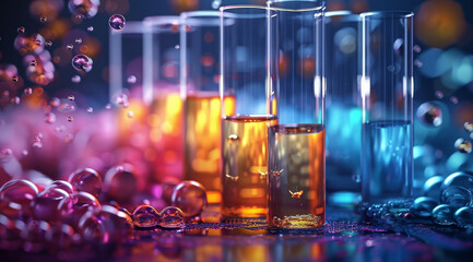 Poster - A test tubes and beakers with vibrant chemical solutions, molecules floating around, isolated background, studio lighting. Generative AI.