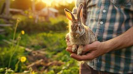 Wall Mural - the farmer holds a rabbit in his hands. Selective focus