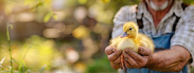 Wall Mural - the farmer holds a small duckling in his hands. Selective focus