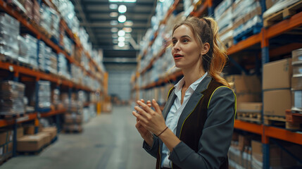 Poster - Two optimistic persons talking in a warehouse, one woman is the manager wearing a suit and the other is a worker wearing a security vest. Generative AI.
