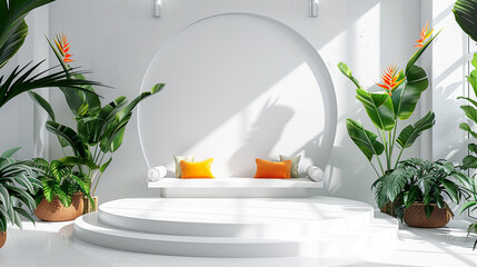 Wall Mural - Minimalist white interior with round podium and tropical plants. 3D rendering