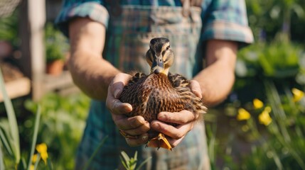 Wall Mural - the farmer holds a duck in his hands. Selective focus