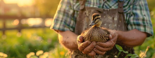 Wall Mural - the farmer holds a duck in his hands. Selective focus