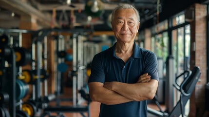 Wall Mural - Elderly Chinese Male Fitness Trainer in a Gym Setting, Promoting Health and Wellness Through Active Lifestyle, Suitable for Health Campaigns, Fitness Blogs, and Wellness Articles