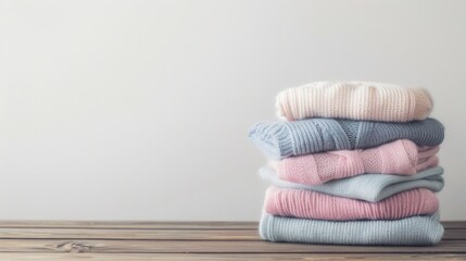 Wall Mural - Stack of pastel-colored sweaters on a wooden table.