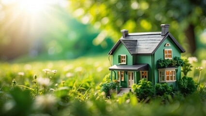 A miniature house model nestled in a vibrant green field with sunlight filtering through