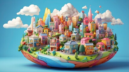 Wall Mural - 3D adorable small city, tiny globe, kid-friendly metropolis, brightly colored homes, hotels, streets, hills, and clouds. 3D cute mini city, mini world, miniature city, kid style, colorful, houses, hot