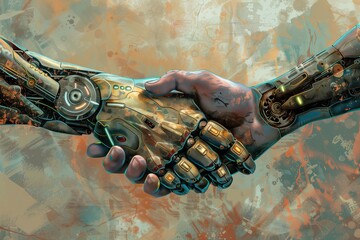 Poster - Hand technology, robot partnership. Futuristic machine artificial intelligence, cyborg cyber human concept. Science handshake, business mechanical automation. Communication metal