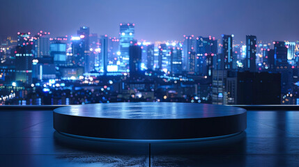 Wall Mural - Empty round podium with night city view. Mock up, 3D Rendering